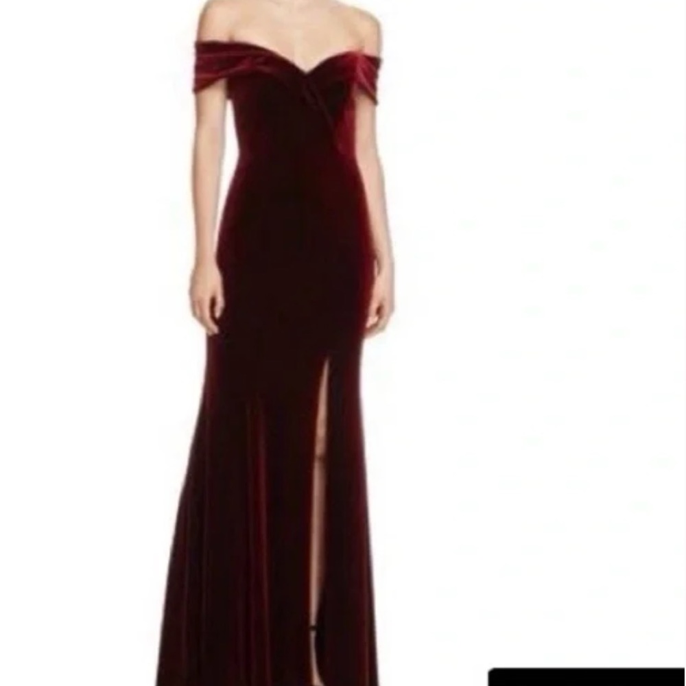 Avery G off the shoulder burgundy velvet gown